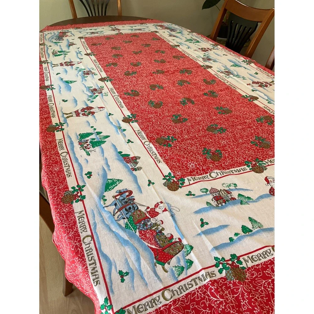 Vintage Christmas Seasonal Holiday Tablecloth Red Holly Rectangle Cottagecore